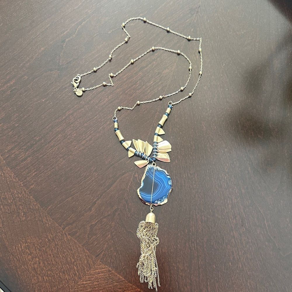 Lydell NYC Long Gold Blue Agate Geode Stone Necklace